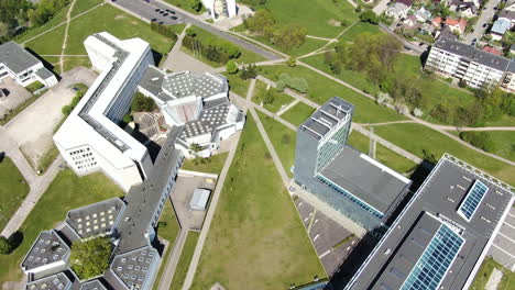 modern student campus and university buildings of ktu in kaunas city, aerial orbit view