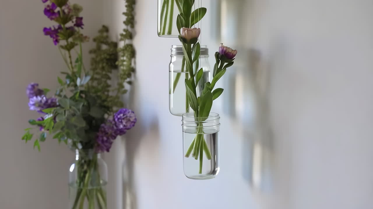 Hanging Flowers in Glass Jars as Home Decor