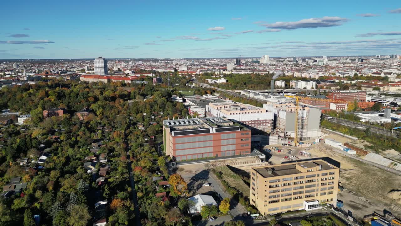 biggest data center building providing cloud computing services in an urban city. blockchain digital database, internet security for sensitive data. Best aerial view flight panorama orbit drone