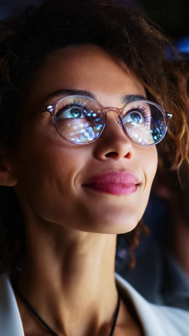 Captivating Moment of a Woman with Glasses Gazing Upward in Awe at Bright Lights Reflected in Her Spectacles, Showcasing Curiosity and Wonderment