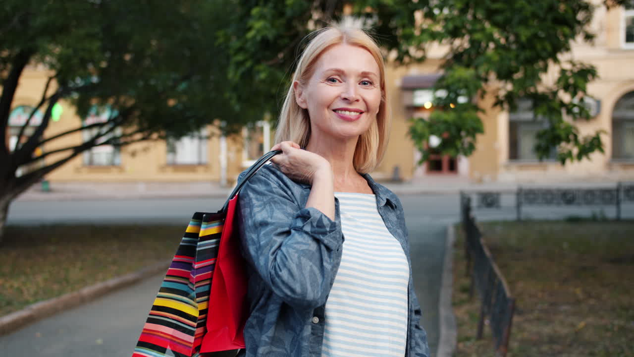 Smiling Woman Shopping Outdoors