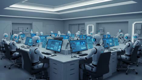 in a futuristic control room, humanoid robots are focused on their tasks at computer stations, displaying advanced interfaces and data analytics in a high-tech environment
