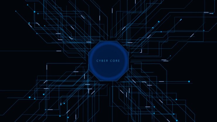 Digital Cyber Core Processor with Glowing Data Network Lines