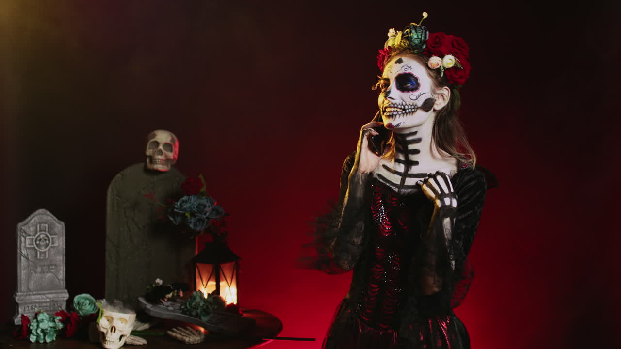 Woman with Day of the Dead Makeup Talking on Phone