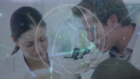 animación de la cadena de adn y el globo sobre diversos científicos en el laboratorio
