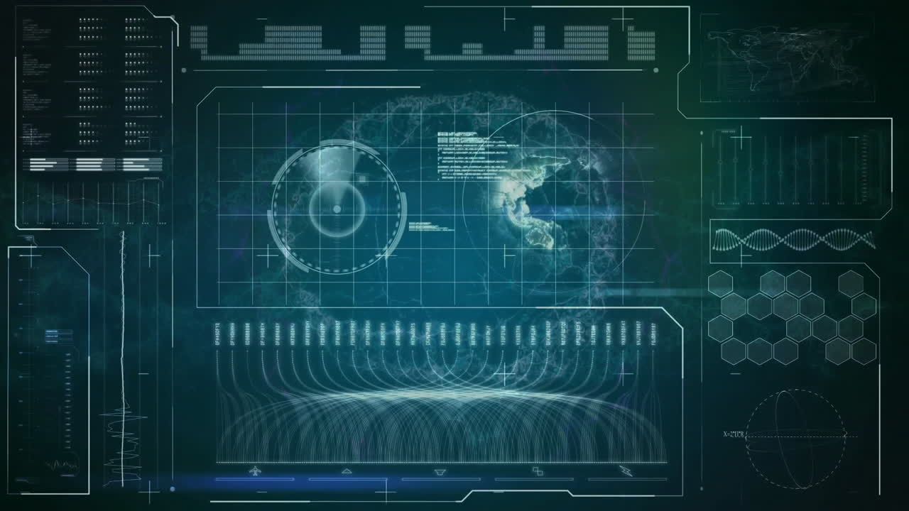 Animation of data processing and globe over blue background
