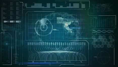 animation of data processing and globe over blue background