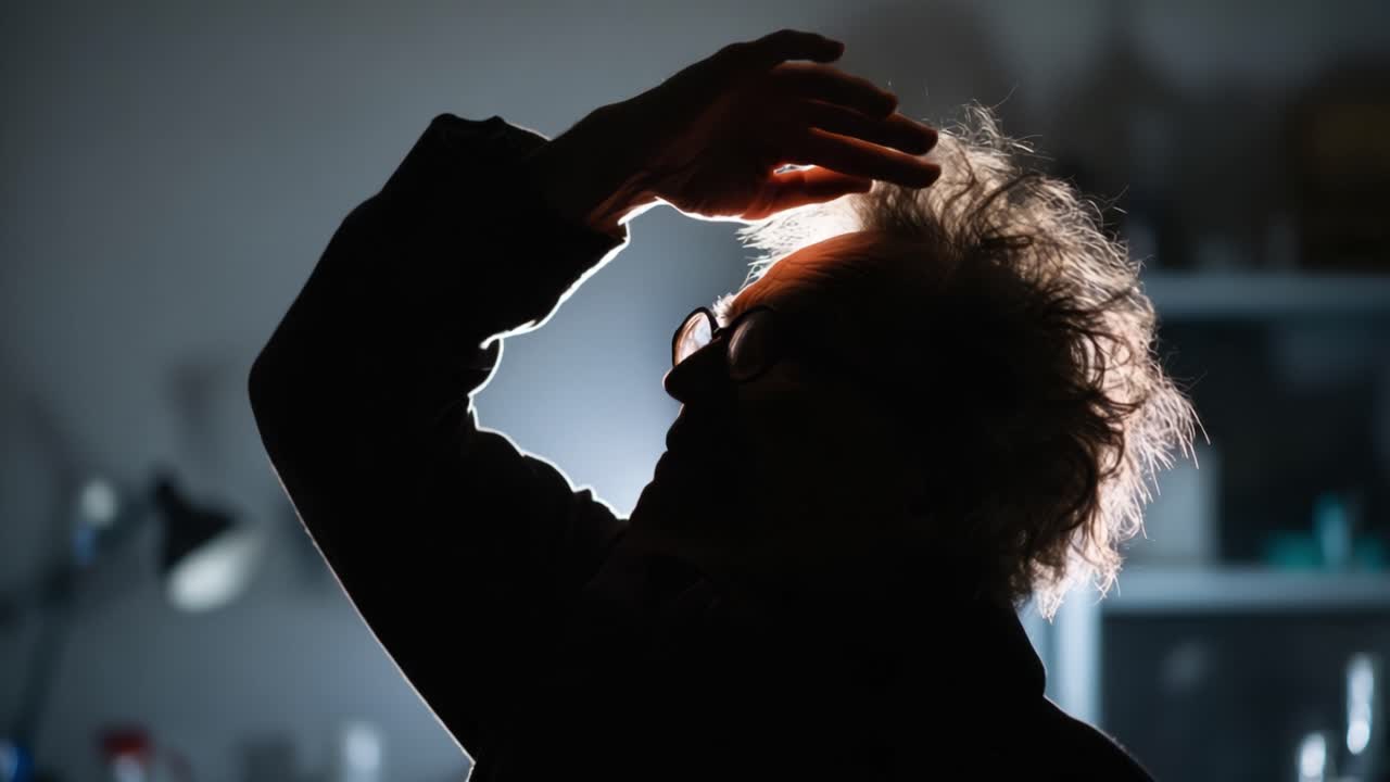 Die Silhouette einer nachdenklichen Person, die ihre Hand als Geste vor einem sanft beleuchteten Hintergrund erhob und so einen Moment der Reflexion oder Nachdenklichkeit betonte
