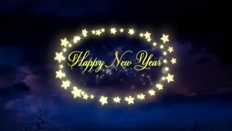 Texto-De-Feliz-Año-Nuevo-Sobre-Luces-Amarillas-Brillantes-En-Forma-De-Corazón-Contra-Brillantes-Estrellas-Azules