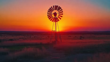a windmill stands in a field at sunset. the sky is orange and the sun is setting