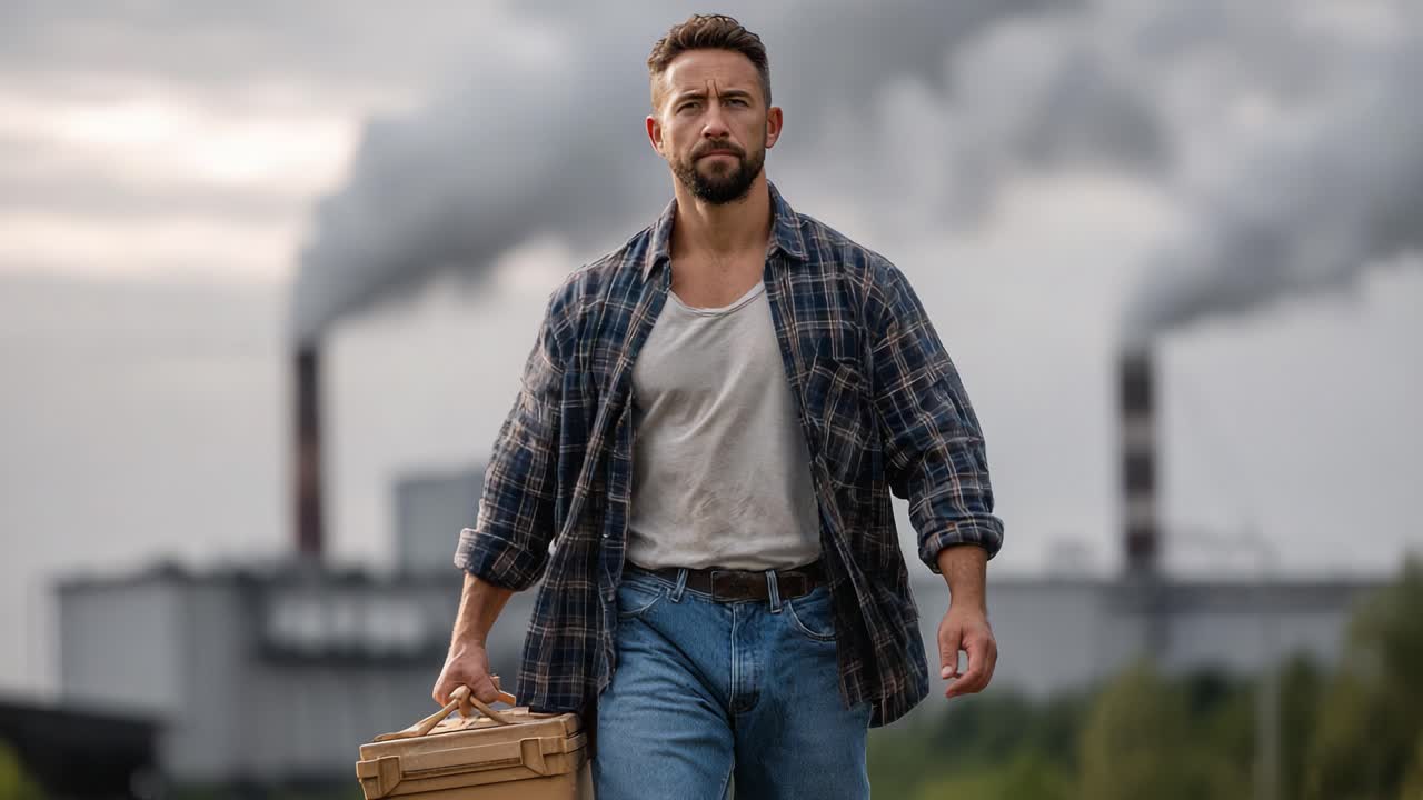 A determined man confidently walks away from an industrial area carrying a wooden box, showcasing resilience amidst environmental challenges and the impact of industry