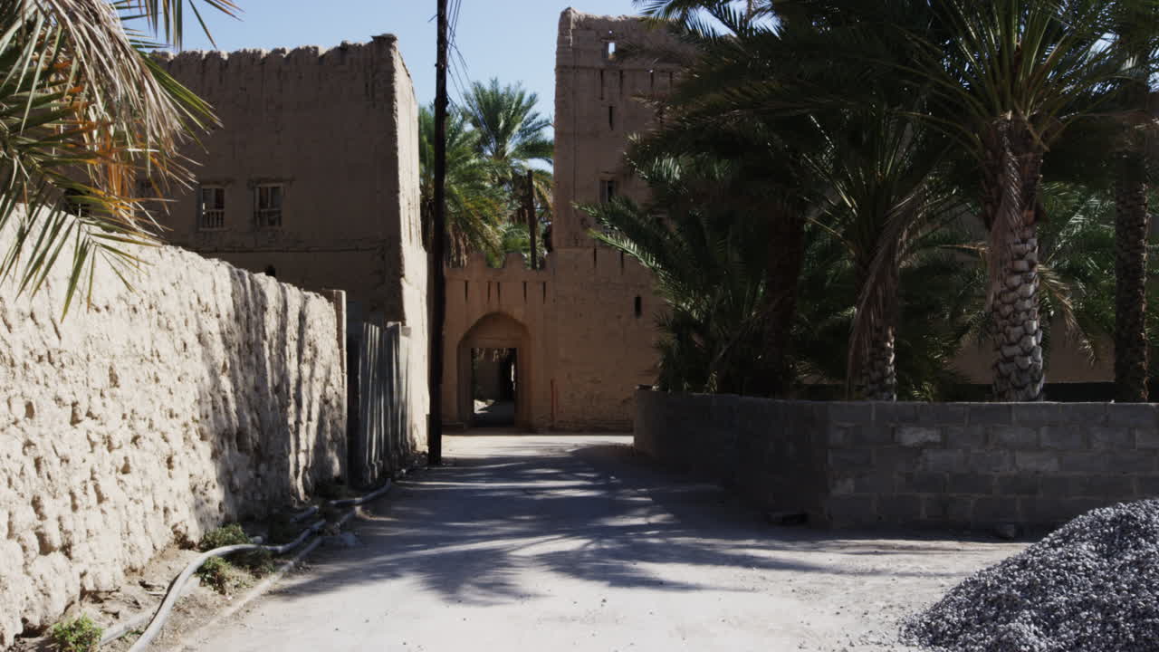 Town next to ruins of Birkat Al Mouz, Berqut al Moz, in Oman, wide shot