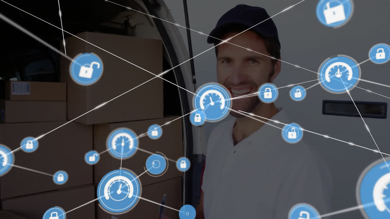 persona de entrega con paquetes, seguridad de red y iconos de velocidad animación sobre la escena