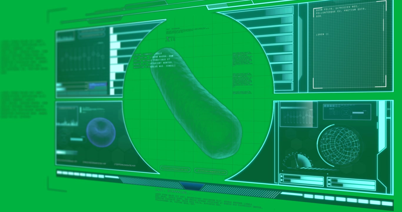 Digital HUD Interface Displaying Microscopic Bacteria Analysis