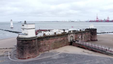 Fort-Perch-Rock-New-Brighton-sandstone-coastal-defence-battery-museum-aerial-view-closeup-right-low-orbit