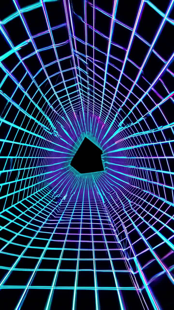 Luminescent blue laser grid forming digital tunnel converging toward deep black void, suggesting technological mystery and infinite spatial depth