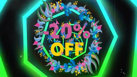 Animation-of-20-percent-text-over-multicolored-flowers-with-illuminated-hexagon-tunnel