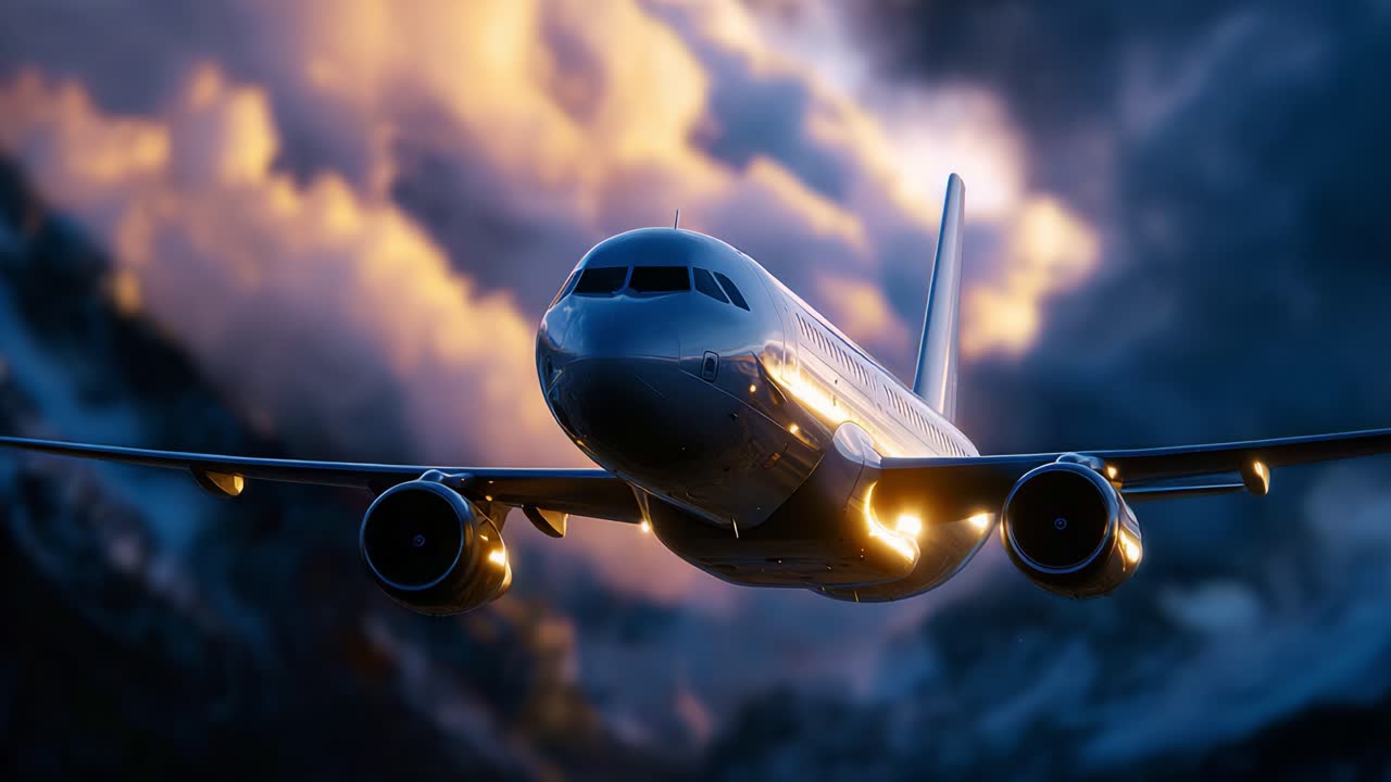 Volo emozionante: un aeroplano solca maestose nuvole con un'illuminazione brillante in un cielo suggestivo, catturando l'essenza dell'aviazione e dell'avventura di viaggio
