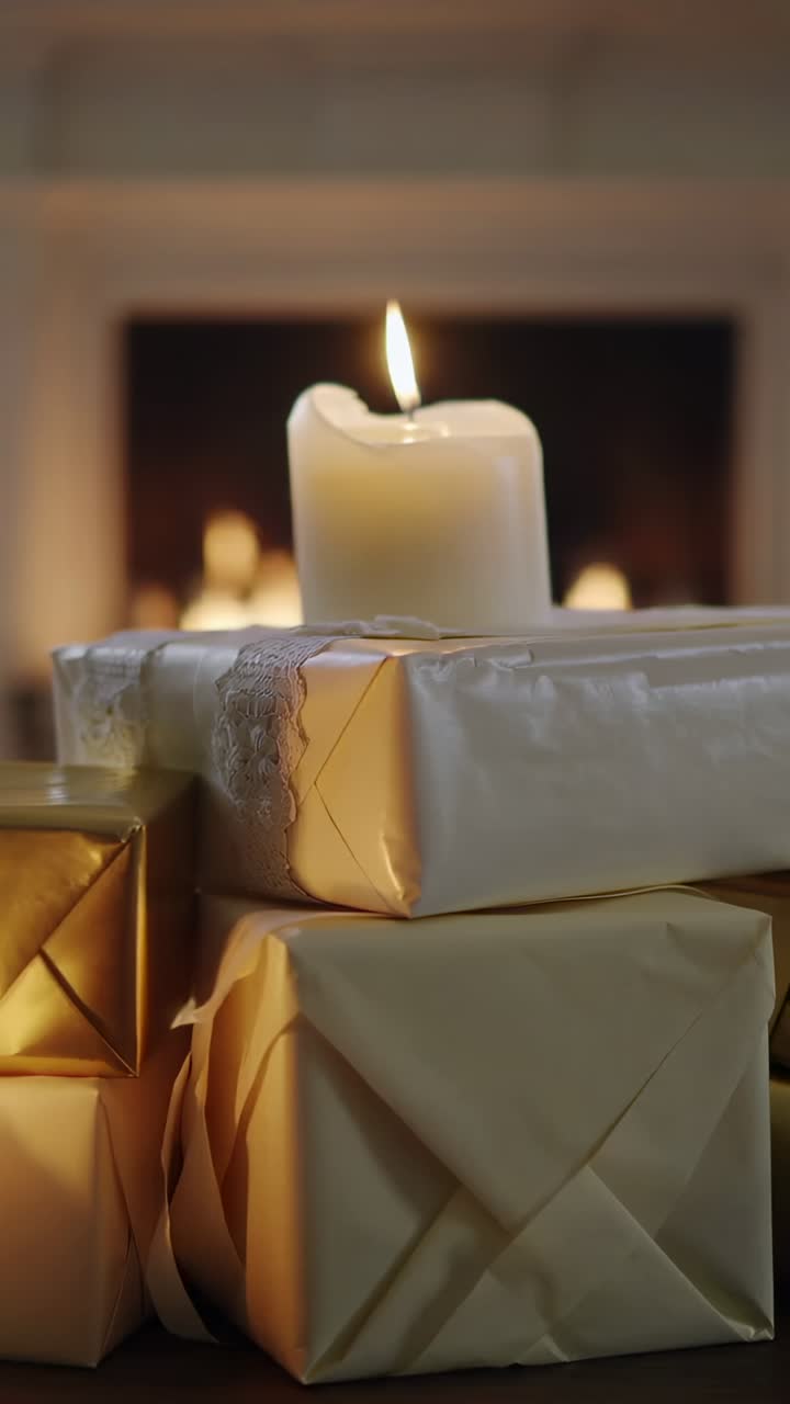 Vertical video: Burning pillar candle dripping wax onto gifts by fireplace, with glowing embers