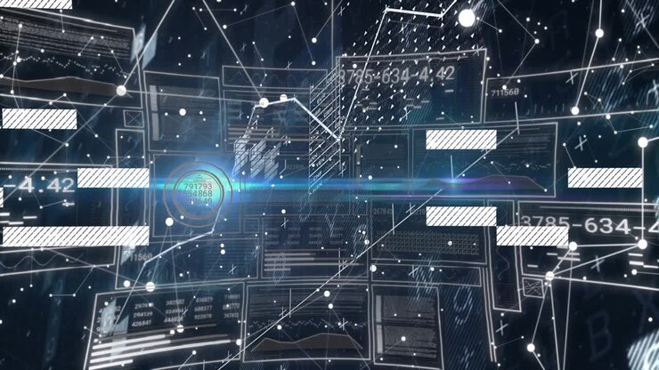 Grid appearing, nodes connecting and panels shifting visualizing data flow across virtual network