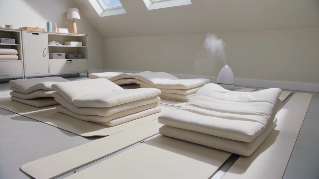 Telecamera che si sposta e mette a fuoco materassini futon impilati su tappeti a terra in un loft, umidificatore che emette vapore