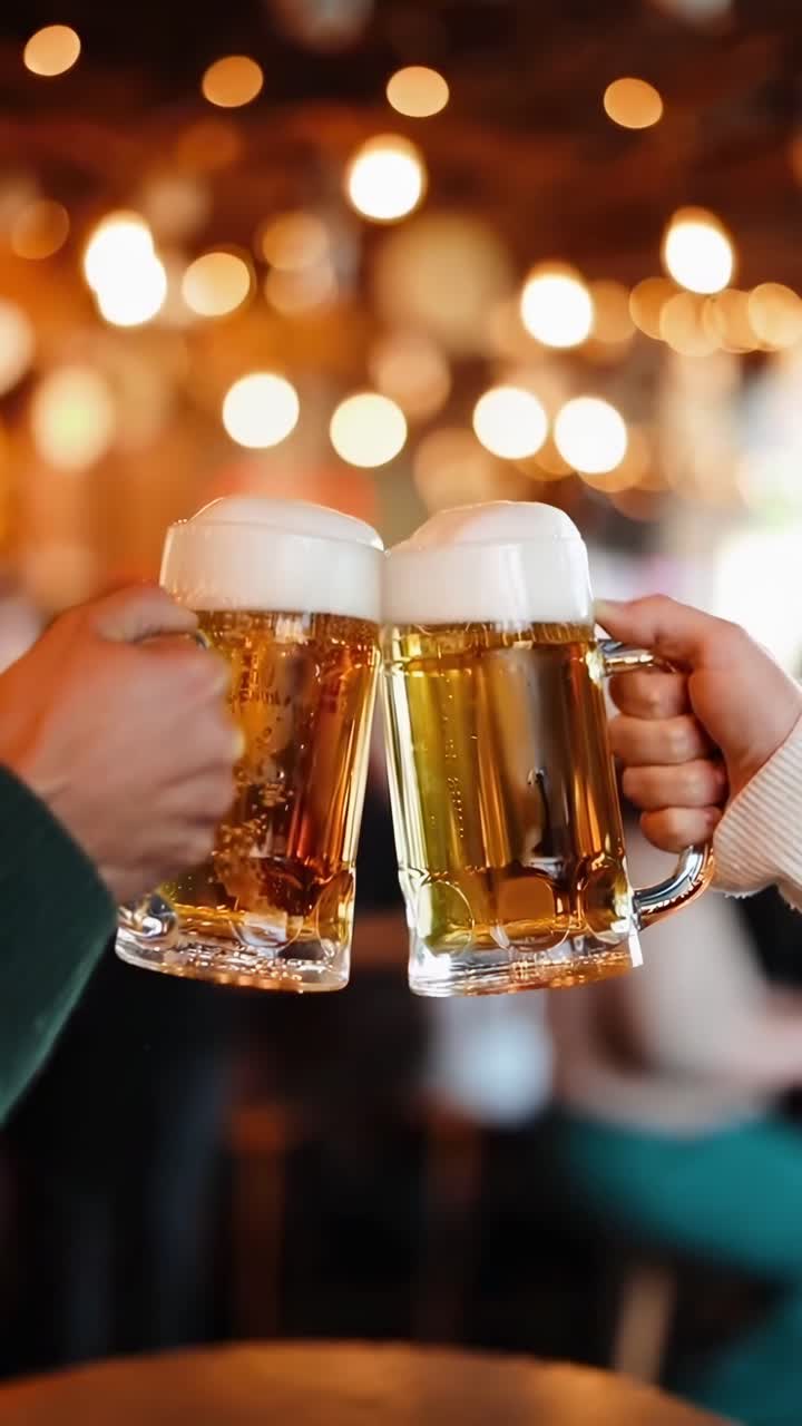 Video ravvicinato di due boccali di birra che brindano in un bar vivace, con uno sfondo caldo e sfocato.