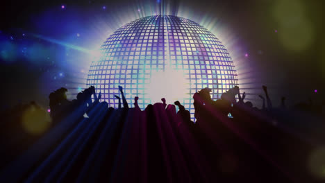 Animation-of-crowd-of-people-dancing-in-music-venue-with-mirror-ball-spinning-and-colourful-lights