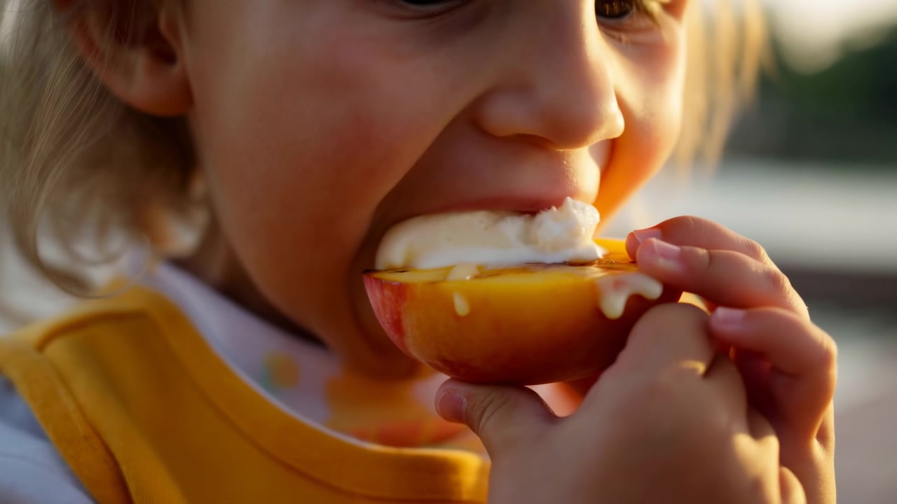 Close-up shows child holding halved peach with scoop of vanilla ice cream, taking bite while peach juice and cream melt onto face and yellow bib in soft summer bokeh, with child, peach, icecream