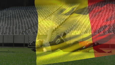 animation of flag of belgium over diverse rugby players