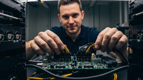 a technician meticulously works on a complex electronic circuit board, expertly connecting wires in a high-tech environment, showcasing skill and precision in electronics maintenance