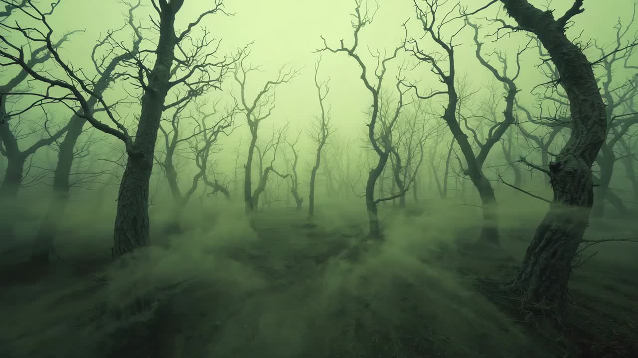 La camera si muove dopo l'inizio della ripresa rivelando una fitta distesa di alberi nodosi in un bosco spoglio, avvolto nella nebbia