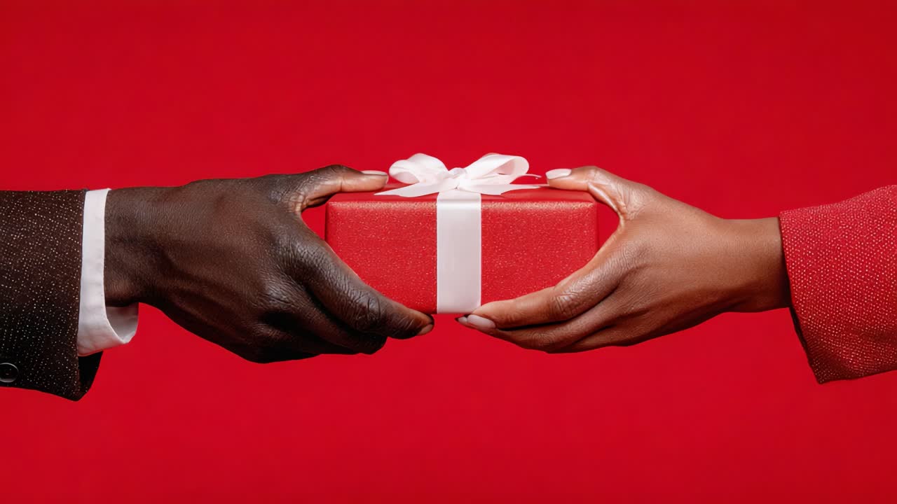 Un intercambio sincero: la alegría de dar regalos capturada en dos momentos de manos presentando un regalo rojo bellamente envuelto sobre un llamativo fondo rojo