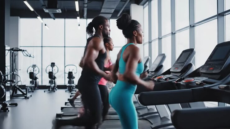 Leute, die im Fitnessstudio auf Laufbändern trainieren