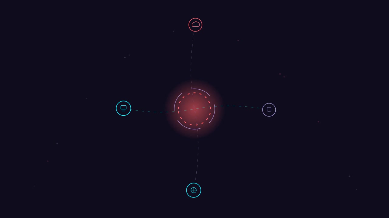 Animated Digital Interface with Rotating Icons and Central Glowing Core