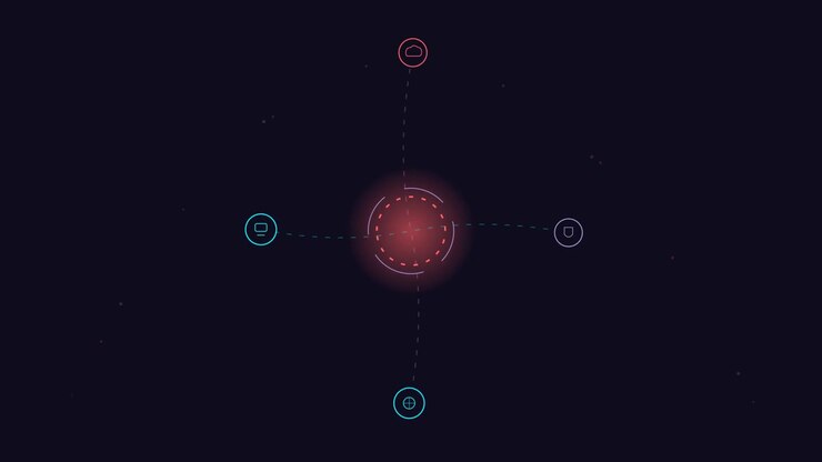 Animated Digital Interface with Rotating Icons and Central Glowing Core