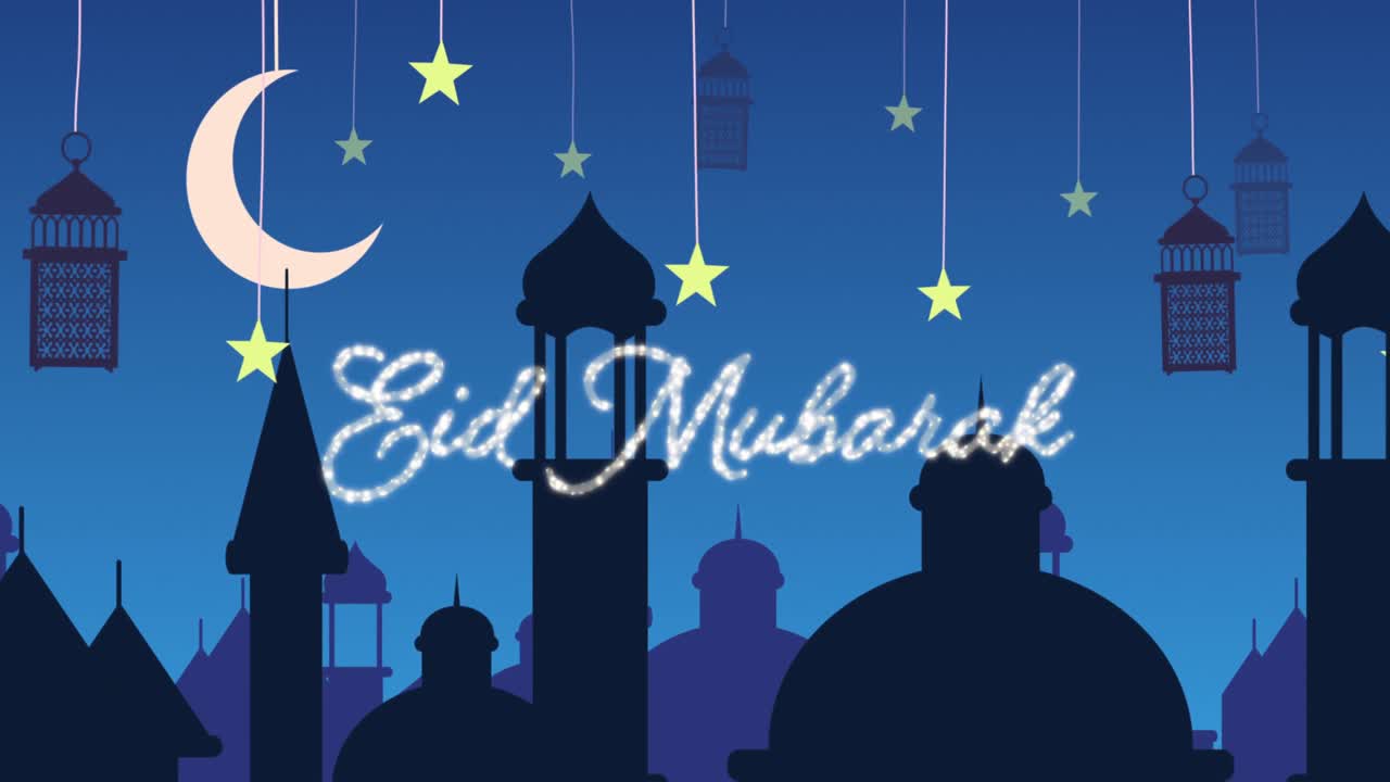Augurio scintillante di Eid Mubarak con moschee e lanterne, luna e stelle