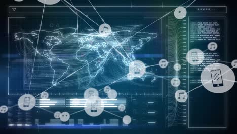 Animación-De-La-Red-De-Iconos-Digitales-A-Través-De-La-Interfaz-Con-Procesamiento-De-Datos-Sobre-Fondo-Azul.