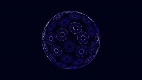 futuristic geometric sphere with neon rings on black gradient