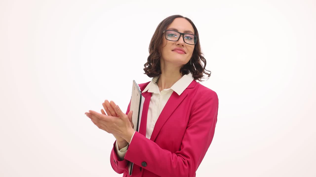 A businesswoman in a magenta jacket presents and gestures while holding a clipboard