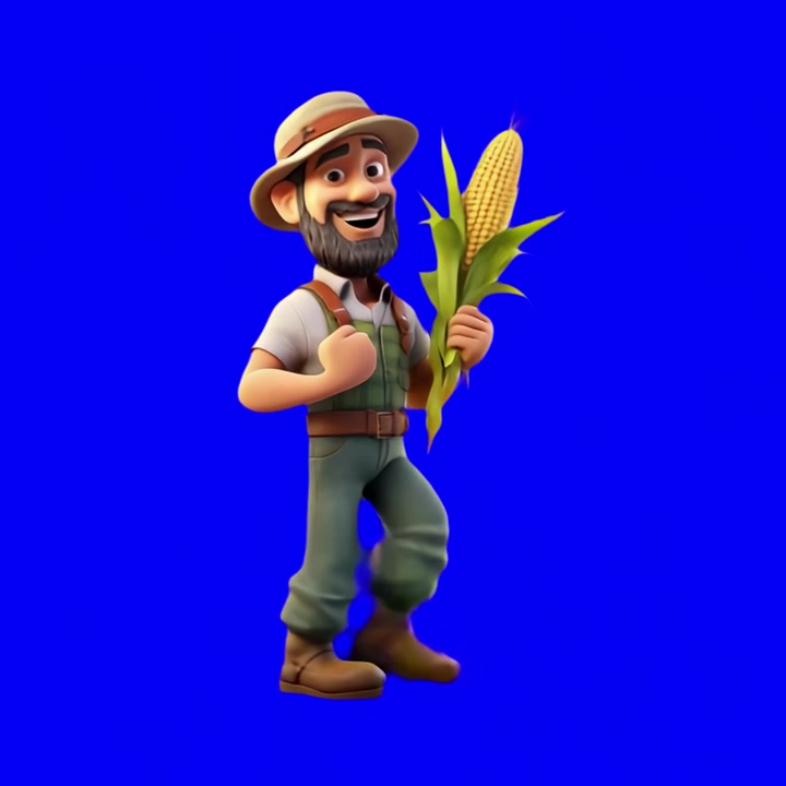 Personagem de Desenho Animado de Fazendeiro Caminhando com Milho em Tela Azul.