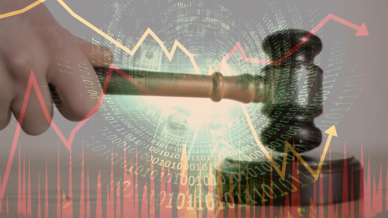 Animation of statistics, binary coding and financial data processing over auctioneer's hammer