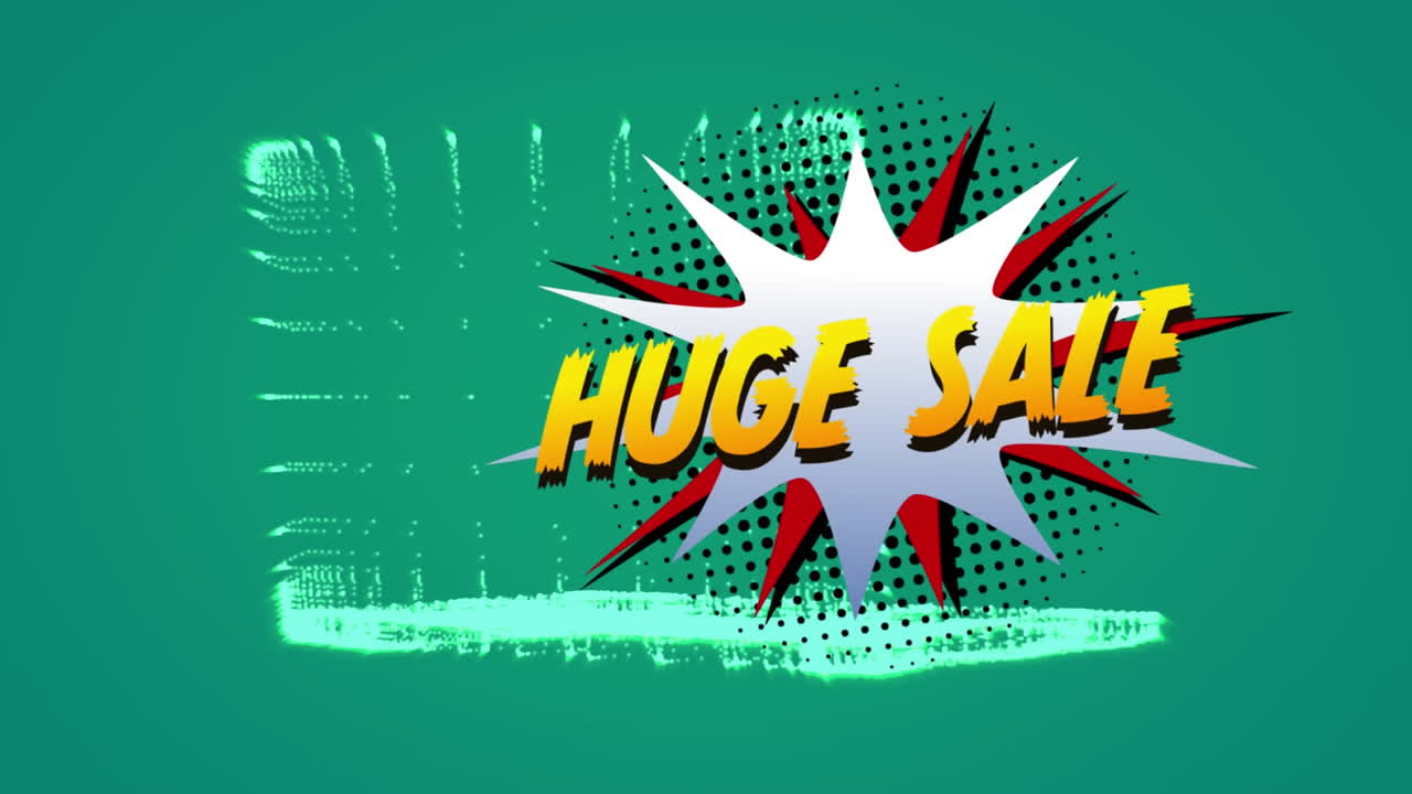 녹색 배경에 회전하는 3d 노트북 모델에 대한 레트로 연설 거품에 대한 거대한 판매 텍스트