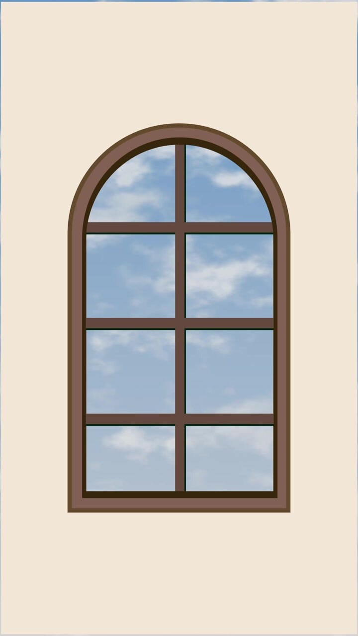 Building facade featuring arched windows reflecting soft drifting clouds across a blue sky.