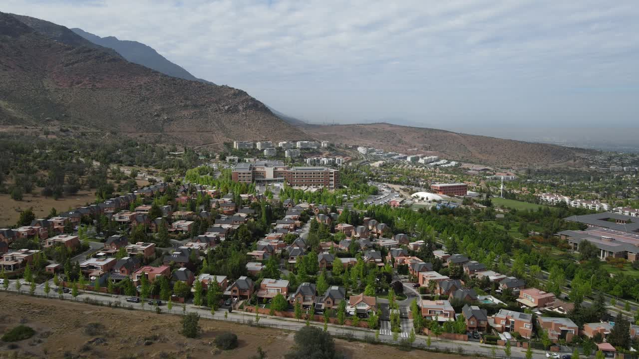 Aerial view of the beautiful chicureo residential area, located in the foothills of the andes mountains, near santiago, chile