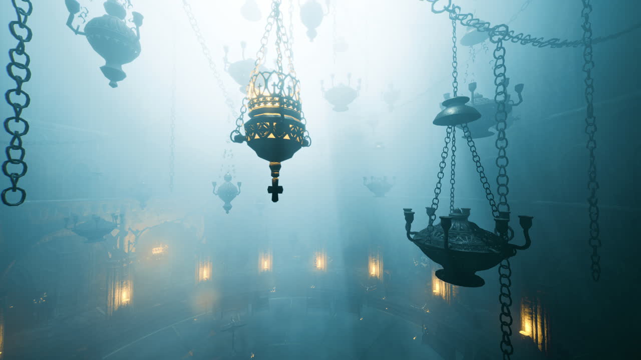 Mystical atmosphere created by hanging lamps in a dimly lit space