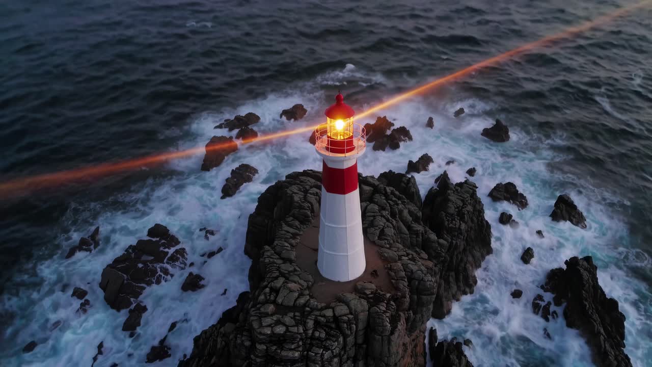 Aerial video of a lighthouse on rocky cliffs at sunset, capturing waves crashing below