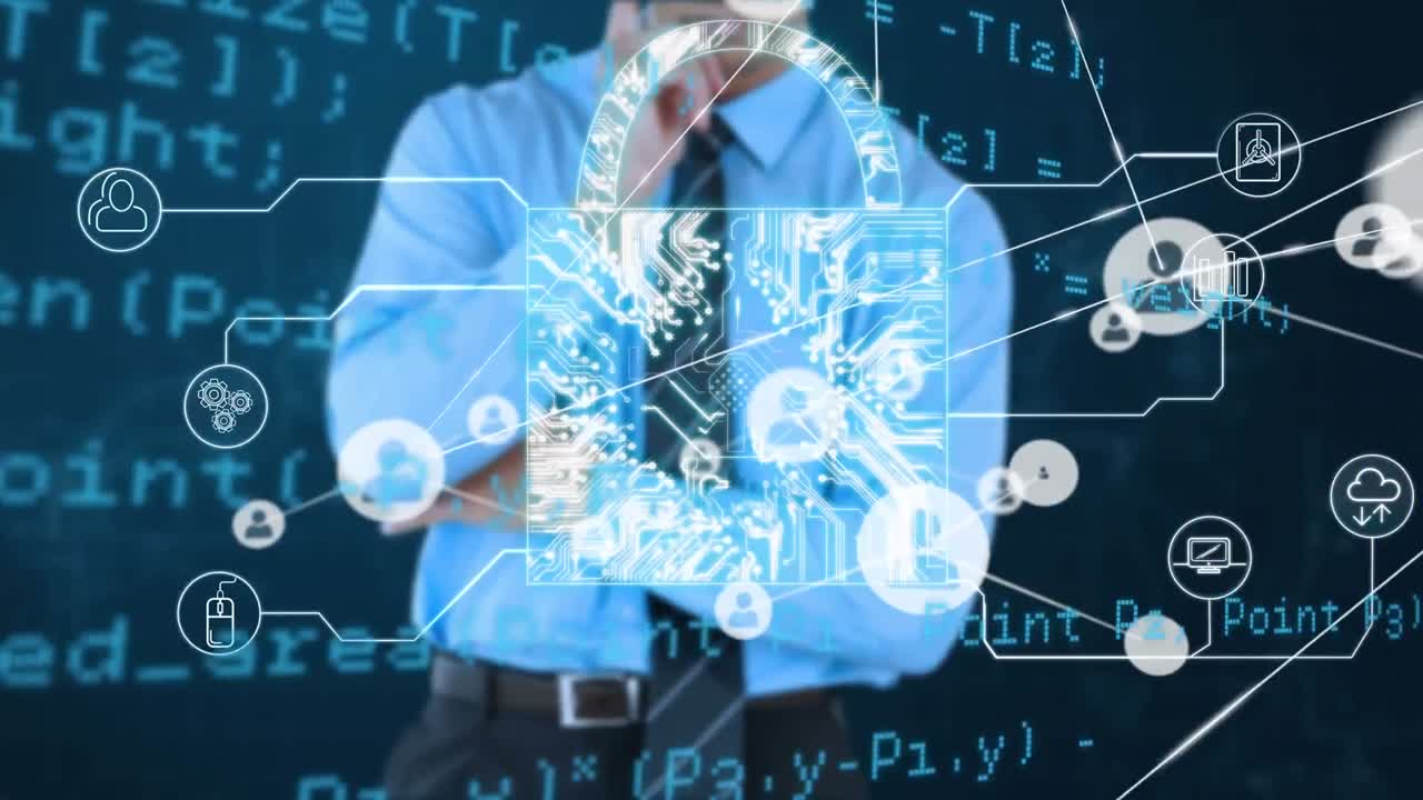 코카시안 사업가에 대한 연결 네트워크 및 데이터 처리 활성화