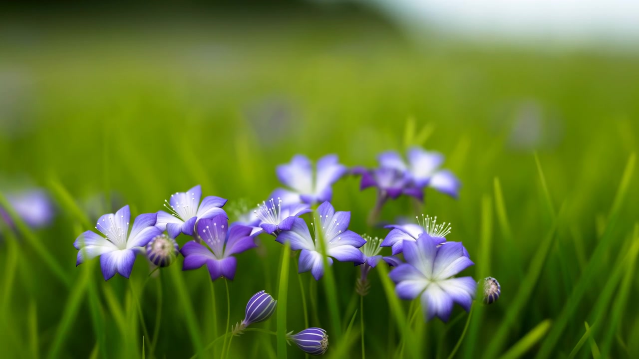 Primo piano macro di fiori selvatici viola in un prato verde che mostrano petali delicati e rugiada, sfondo sfocato morbido