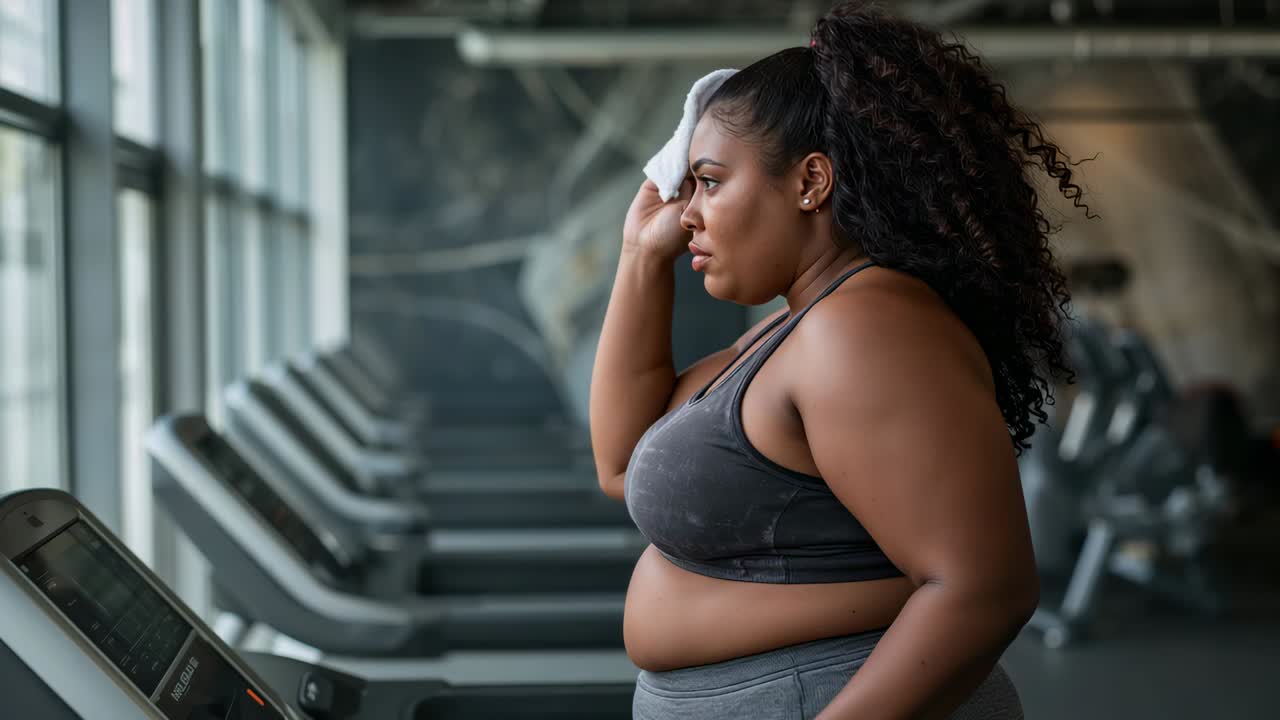 Pausing on gym treadmill she in gymwear wiping with towel reaching checking console, copy space