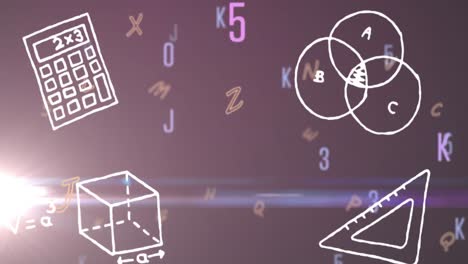 animación digital de formas geométricas contra múltiples números cambiantes y alfabetos contra el púrpura